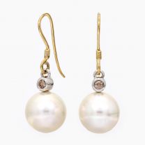 Tamara white South Sea pearl and champagne diamond shepherd hook earrings